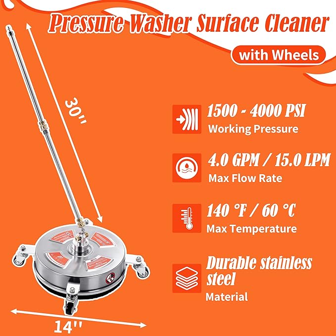 M MINGLE 14'' Pressure Washer Surface Cleaner Attachment, Driveway Power Washer Accessory with 2 Extension Wand, 1/4" Quick Connect, 4000 PSI