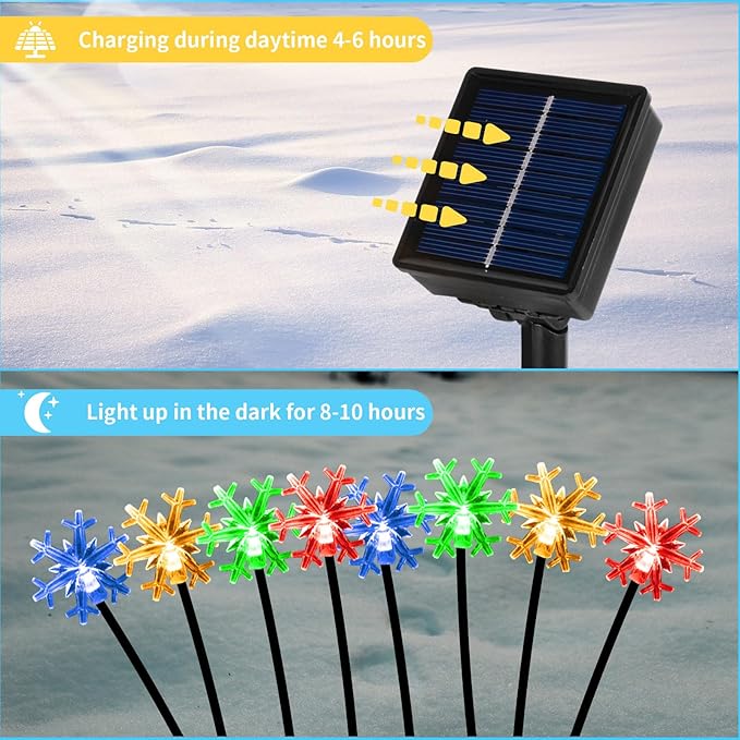 Set of 4 Snowflake Solar Christmas Decorations, 8 Modes Swaying Garden Lights, Outdoor Pathway Solar Christmas Stake Lights, Upgraded Base on Firefly Light for Lawn Decor (Multicolor)