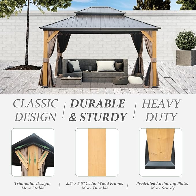 domi outdoor living 12x14 ft Wood Gazebo, Cedar Frame Hardtop Gazebo with Galvanized Steel Double Roof, Netting & Curtains, Patio Pergola Pavilion for Patio, Backyard, Deck, Lawns