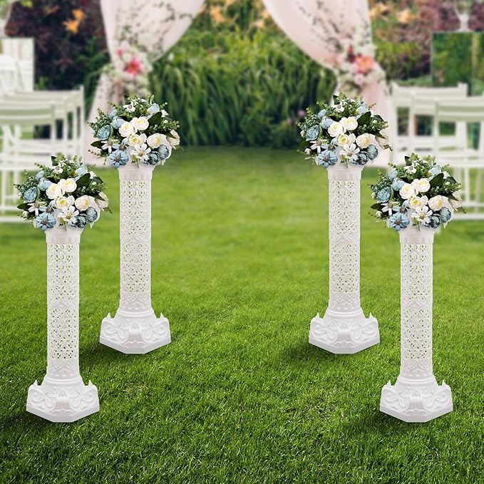 Roman Column Pedestal, Plastic White Columns for Weddings Indoor/Outdoor Roman Pillar Stand for Table Sculptures, Vase, Garden Decor (4PCS, 10.6 x 34.6 Inch Fretwork)
