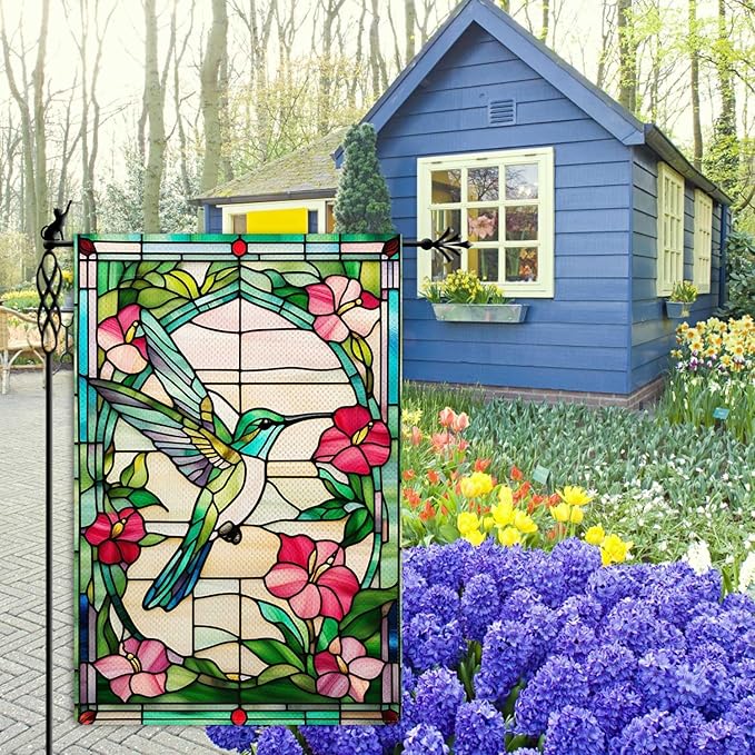 Spring Summer Hummingbird Garden Flag Stained Glass Style Garden Flag Vertical Double Sided Rustic Farmland Burlap Yard Lawn Outdoor Decor 12.5x18"