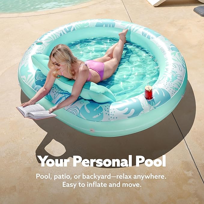 SLOOSH Inflatable Tanning Pool Lounger Float,72" x 65" Pool Floats Adult with Pillow,Luxury Fabric Large Suntan Tub Raft Floatie,Sunbathing Bed Lounge for Water Blow Up Kids Ball Pit Party Gifts,Cyan