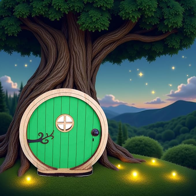 1Pc Fairy Garden Door for Tree, Fairys Doors for Trees Outdoor and Tree Trunk, Mini Fairy Garden Sculpture Lawn Ornament Decor, Fairys Tales Door Decoration，Gardens Miniatures (Green)