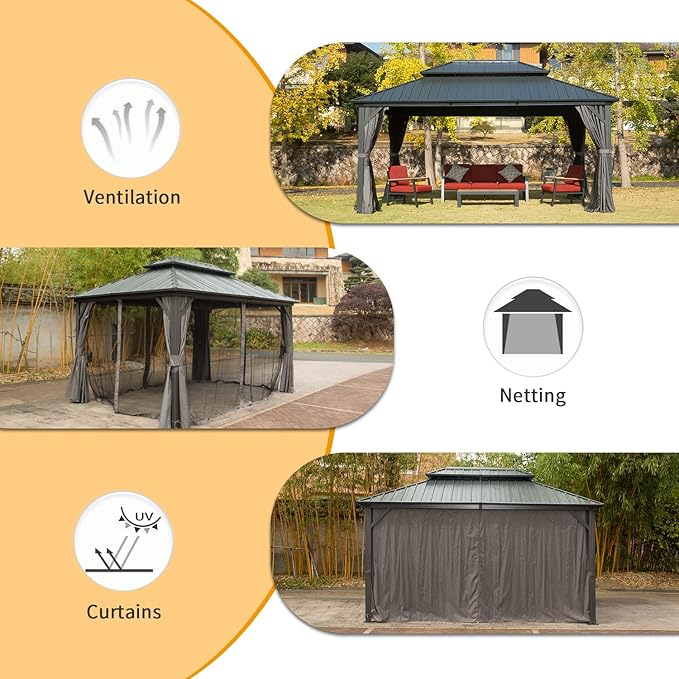 Domi 10' x 14' Hardtop Gazebo Permanent Metal Gazebo with Galvanized Steel Double Roof, Curtains and Netting for Outdoor Dining, Party, Patio, Backyard, Grey