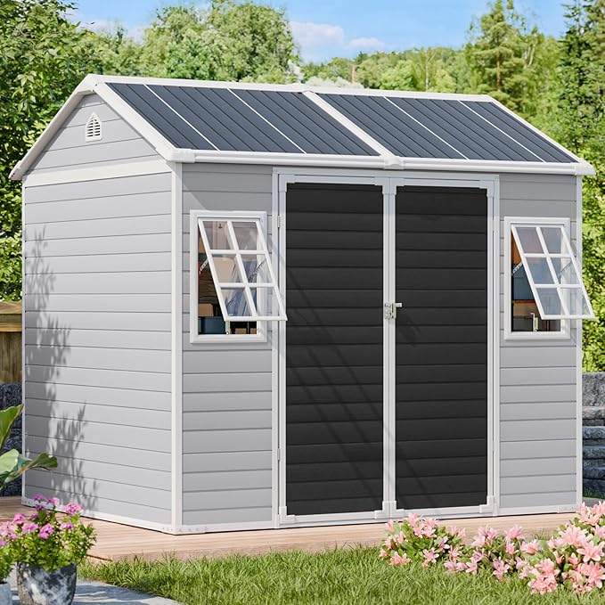8x6 Shed, Heavy-Duty Outdoor Storage Shed with Floor, Waterproof Plastic Resin Garden Shed for Backyard, Tool Storage with Lockable Double Doors & Awning Windows