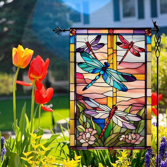 Spring Summer Dragonfly Garden Flag Stained Glass Style Flowers Garden Flag Vertical Double Sided Rustic Farmland Burlap Yard Lawn Outdoor Decor 12.5x18"