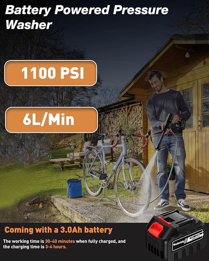 Cordless Pressure Washer, 900PSI Portable Power Washer with 3.0Ah Battery, 1.8Max GPM Cordless Power Washer Battery Operated with 6-in-1 Nozzle, Foam Pot, 16ft Hose, suit for Car/Floor/Garden