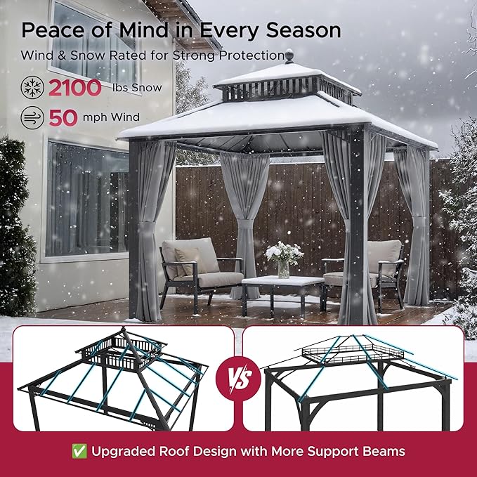 SUNJOY Kingston 10' x 10' Hardtop Gazebo with Galvanized Steel Double Roof, Curtain and Netting, Gray Aluminum Posts Permanent Pavilion Gazebo for Garden, Patio, Deck, Lawn