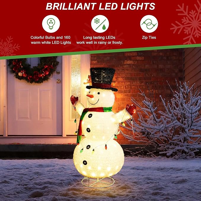 Glitzhome 47.25" H Lighted Christmas Snowman, 3D Foldable Fabric Outdoor Decor with Colorful Bulbs Holiday Lawn Ornament Yard Decoration Outdoor and Indoor use Long-Lasting, 160 Warm White LED