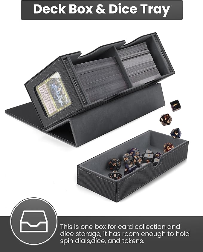 MRAUF MTG Deck Box with Double Commander Display and Dice Tray, Fits 200+ Double Sleeved Cards, Card Storage Box Plus 2 Magnetic Holders& 100Pcs Card Sleeves (Black)