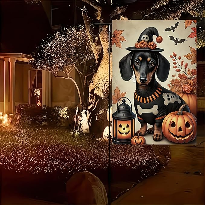 Halloween Garden Flag 12x18 Dachshund Pumpkin Witch Hat Double Sided Polyester Flag