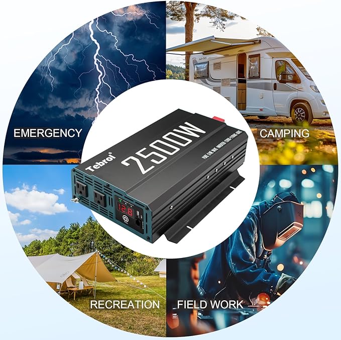 2500W Pure Sine Wave Inverter 12V DC to 110V AC Converter for Home, RV, Truck, Off-Grid Solar Power Inverter with Built-in 5V/2.1A USB, AC Hardwire Port, Remote Controller