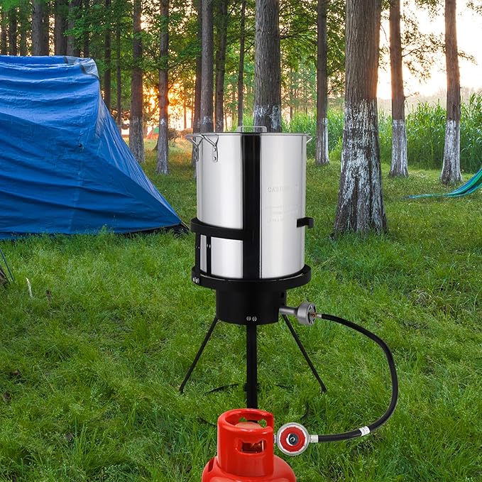 Turkey Deep Fryer 30 Qt, Mordern Outdoor Fryer, Aluminum Crawfish Boiler with Basket and Lid, 55000-Btu Propane Stove, Adjustable Firepower, Portable Seafood Boil Pot for Crab, Lobster, Shrimp, Silver