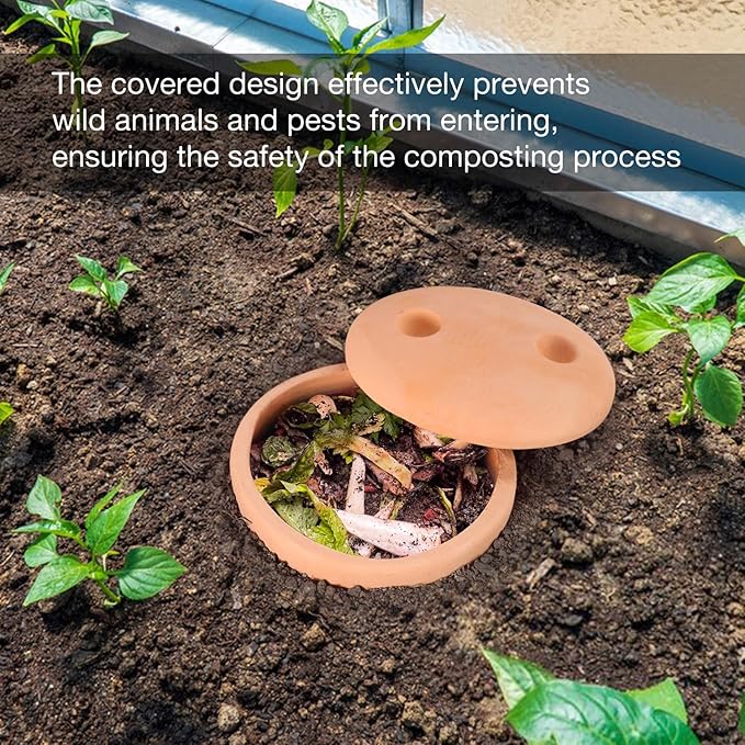 Underground Compost Bin 11Inch Garden Worm Farm Outdoor for Organic Refuse Red Pottery Ceramics Compost Bin with Holes and Lid Clay for Garden Vegetable Patch Backyard
