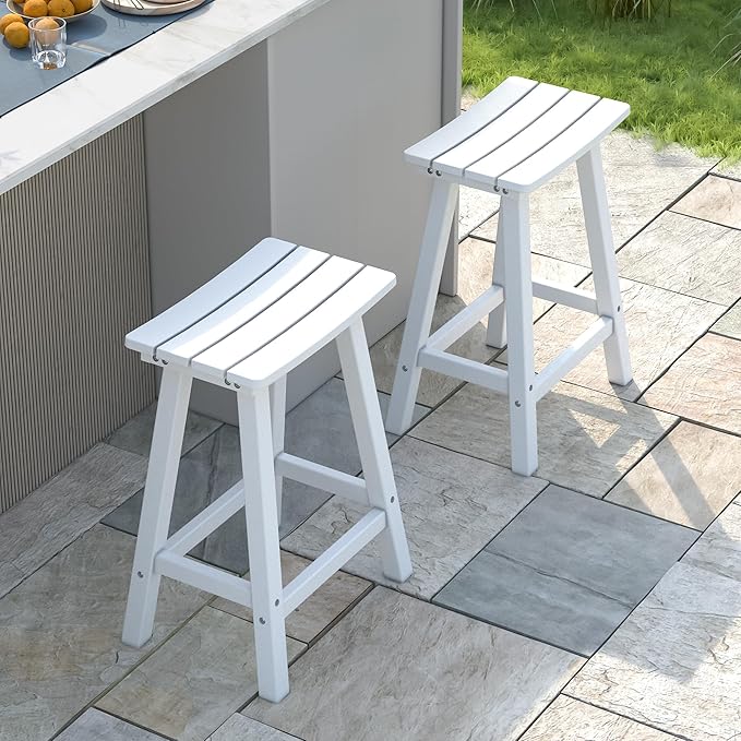 nalone 24 Inch Outdoor Bar Stool, HDPE Bar Chairs with Footrest, Weather Resistant Waterproof Bar Stools Outside Bar Height Stools for Bar, Kitchen Counter, Yard, Balcony(White, 24'' Barstools)