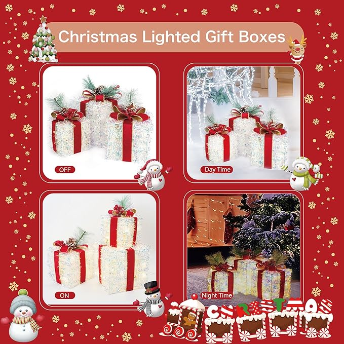 Set of 3 Christmas Lighted Gift Boxes Plug-in 60 Led Light Up Boxes Ornaments for Christmas Decorations Indoor Outdoor Home Yard Xmas Tree Holiday Party Lawn Porch (Tinsel)