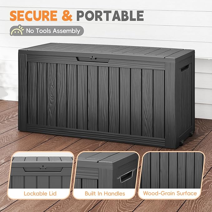 Outdoor Storage Box, 72 Gallon Deck Box Waterproof, Resin Patio Storage Bin for Package Delivery, Patio Furniture Cushion, Garden Tools, Pool Accessories, Weatherproof, Black