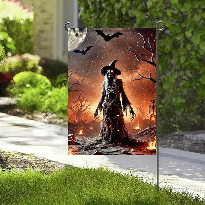 Witch Halloween Garden Flag 12x18 Double-Sided Spooky Bats Scary Skeleton Witch Garden Flag Outdoor Lawn Fall Decoration Banner Holiday Seasonal Yard Flag