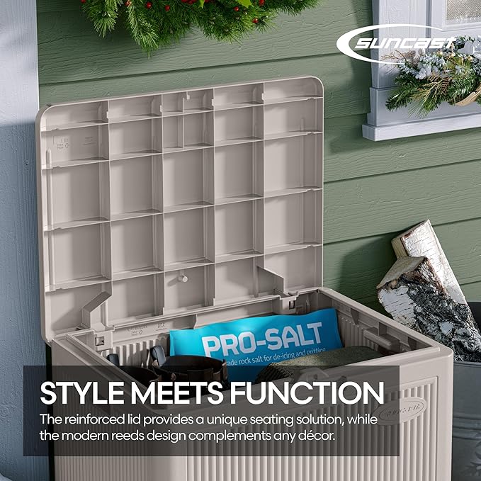 Suncast 22-Gal. Waterproof Resin Small Outdoor Patio Deck Box with Reeded Design, Modern Outdoor Patio Bench/Storage Box for Cushions, Garden Tools, and More, French Gray
