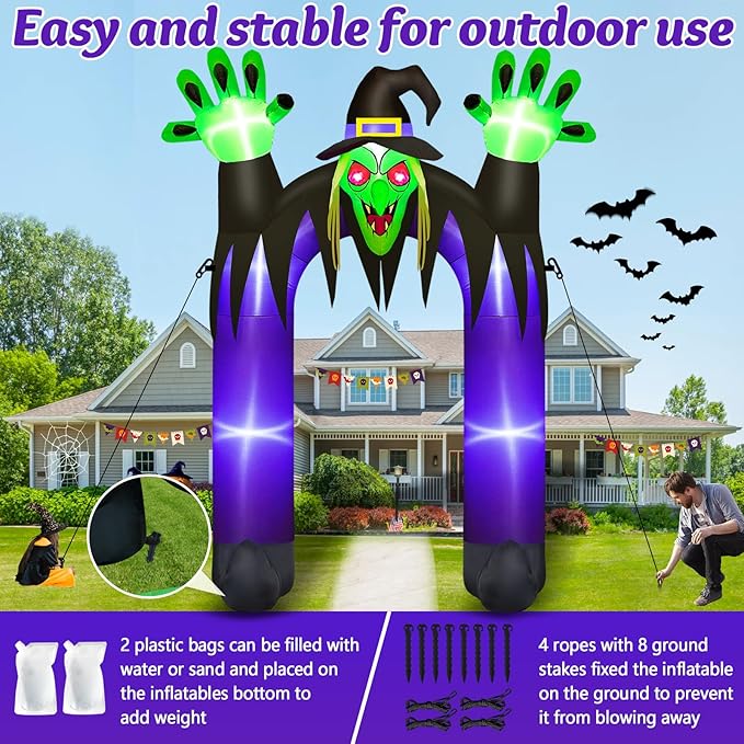 Danxilu 10 FT Tall Halloween Inflatables Witch Archway Outdoor Decorations, Scary Blow Up Yard Decoration Built-in LED Lights Giant Halloween Inflatable Clearance Witch Arch Decor for Holiday Party