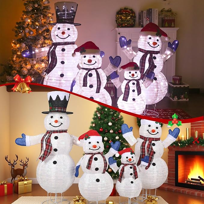 4-Piece 3D Lighted Snowman Family Set Outdoor Christmas Decorations Weather-Resistant Christmas Collapsible Snowmen Yard Decor for Yard Patio with LED Lights & Stakes