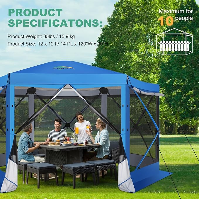 COBIZI 12x12 pop up Gazebo on Clearance Screen Tent for Camping, Scalable Design Outdoor Canopy Tent with Extension Support Poles & sidewalls,with Portable Carrying Bag and Ground Stakes, Blue