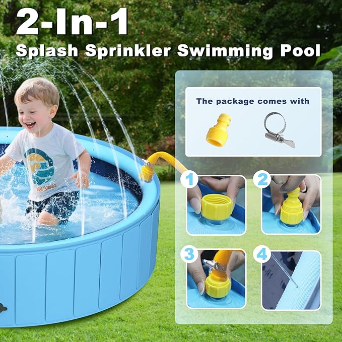 UCCY 2-in-1 Foldable Dog Pool for Large Dogs Hard Plastic Splash Sprinkler Kiddie Swimming Pool Non-Slip Portable Dog Bathtubs Collapsible Multi-Use Whelping Box Ball Pit Duck Pond Blue L-48"x12"