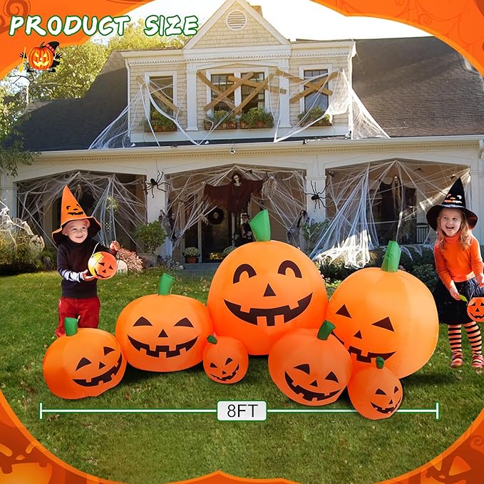 DearSun 8.0FT Long Halloween Inflatable Pumpkin Patch Fall Inflatable Thanksgiving Inflatable Pumpkin Patch Blow up Pumpkin Decor Outer Large Party Yard Decoration