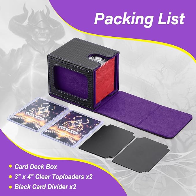 MTG Deck Box, Double Display Window MTG, Commander Deck Box Fits 120+ Single Sleeved Cards, PU Leather Magnetic Closure Card Box with 2 Dividers&2 Toploaders for TCG, CCG, Black/Violet