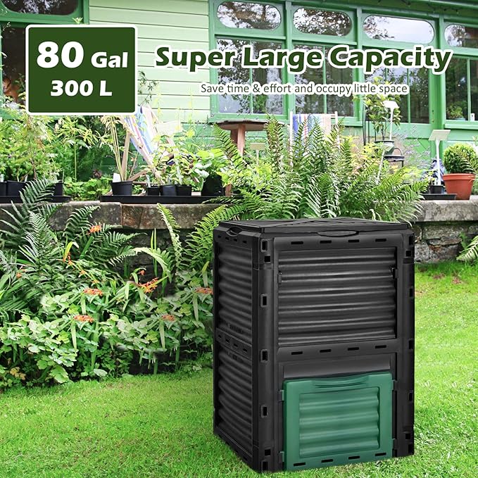 Happygrill Outdoor Compost Bin, Composting Box w/Top Flip Latch-on Lid,80 Gallons Composter for Kitchen Waste & Garden Scraps, Compost Barrel for Fast Creation of Fertile Soil (Black+Green)