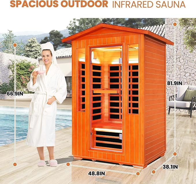 Outdoor Sauna 2 Person Sauna Infrared Saunas Dry Sauna Room 2080W/110V Low EMF Outer Board Red Cedar/Inner Board Fir Wood, Oxygen Bar, Speaker, LCD Control Screen, LED Lights - 48.8*38.2*81.9 in