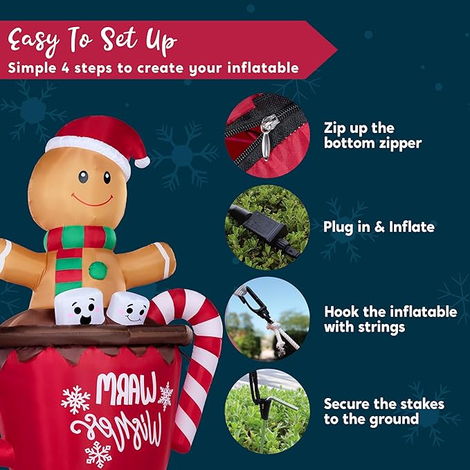 Joiedomi 6 FT Tall Christmas Inflatable Gingerbread Man in Hot Cocoa Mug with Build-in LEDs, Gingerbread Blow Up Yard Decoration for Xmas Party Outdoor Garden Decor