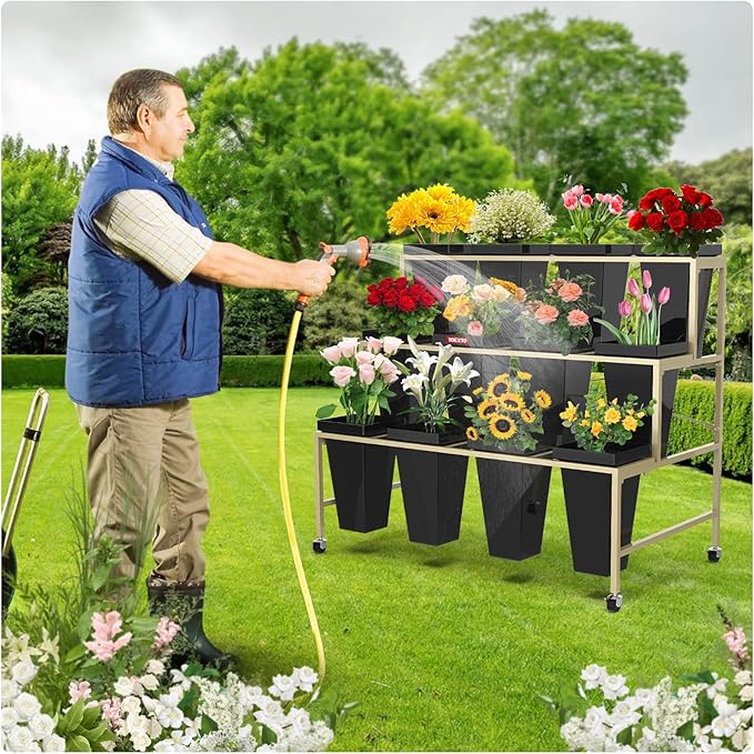 Flower Display Stand 3 Layers with 12 PCS Round Buckets, Plant Stand with Wheels, Movable Metal Plant Stand for Terrace Garden, Living Room, Florist Shop