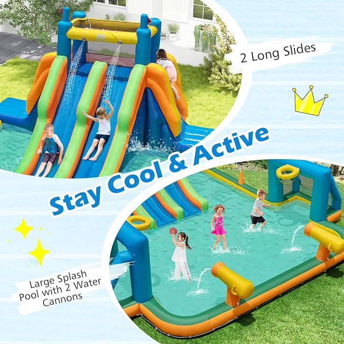 BOUNTECH Inflatable Water Slide, 19x17FT Kids Mega Waterslide Park w/Dual Slides for Racing Fun, 1100W Blower, Splash Pool, Blow up Water Slides for Big Kids and Adults Outdoor Backyard Party Gifts