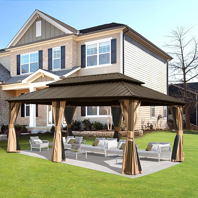 Domi 12' x 20' Hardtop Gazebo Permanent Metal Gazebo with Galvanized Steel Double Roof, Curtains and Netting for Party, Wedding, Outdoor Dining, Patio, Backyard, Brown