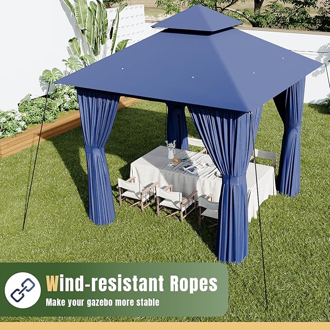 AOXUN Outdoor Gazebo for Patio 8x8, Metal Frame Canopy with Double Roofs, Heavy Duty Party Tent and Shelter with Mosquito Netting and Privacy Screen for Garden,Backyard, Lawn, Deck (Navy)
