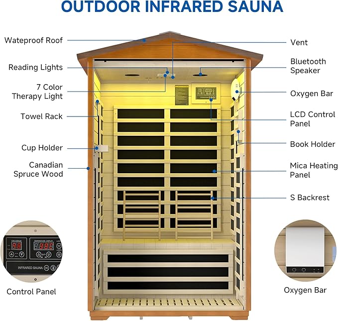 Outdoor Sauna 2 Person, Infrared Sauna for Home, Wooden Dry Saunas Room with Far Low EMF Lighting, Bluetooth Speakers, 7 Colors Chromotherapy for Outdoor Home Spa