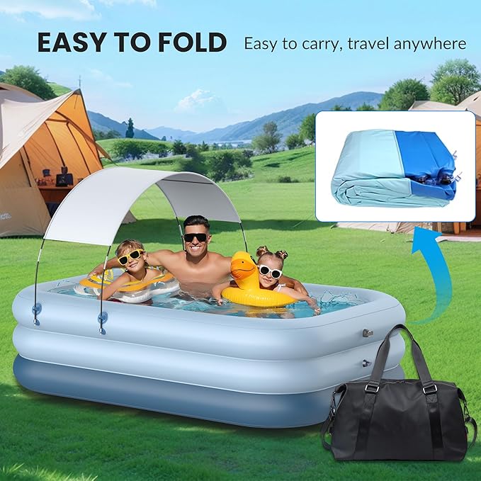 Inflatable Pool with Canopy,Upgraded 102"x67"x24" Inflatable Swimming Pool for Kids&Adults,Outdoor Blowup Pool with UV Shade&Wireless Pump,Durable Thickened Family Splash Play Center for Backyard-Blue