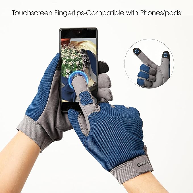COOLJOB Thorn Proof Garden Gloves with Touchscreen Fingers for Men, Rose Pruning Work Gloves with Palm Cushion for Gardener, Farmer and Landscaper (Navy 1 Pair Medium)