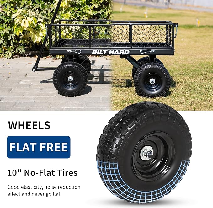 BILT HARD Flat Free Steel Garden Cart 400 Lbs, Heavy Duty Utility Wagon with Removable Mesh Sides, No-Flat Garden Carts and Wagons Flatbed, Black