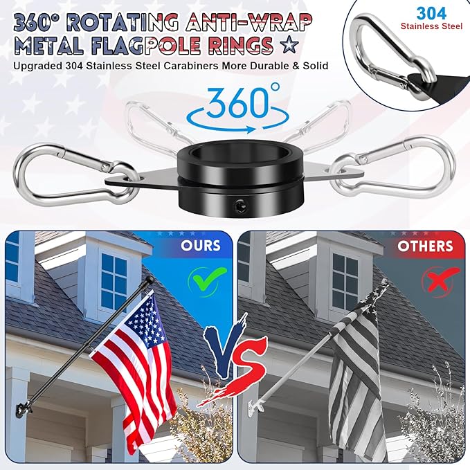 REERON House Flag Pole, 5 FT Metal Spinning Flag Poles Kit, 1" Tangle Free Stainless Steel Flagpole with 360° Flag Rings & 2-Position Holder Bracket for Outside House Porch Wall Mount for 3x5 Flag