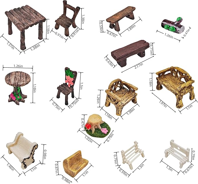 Miniature Garden Furniture Set - 14-Piece Resin Miniature Table and Chairs Set for Outdoor Decor, Adult DIY Craft Gift & Micro Landscape Decor Accessories (Village)