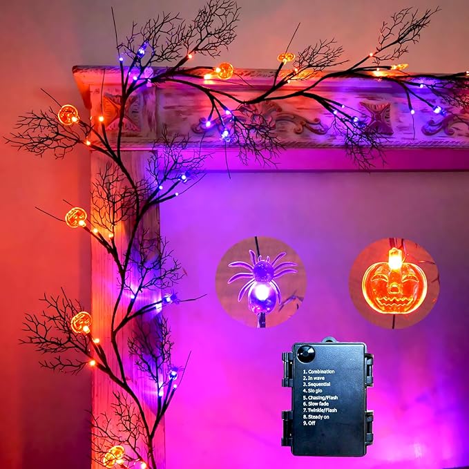 Halloween Decor Lights 8.86FT 72 LED Willow Vine Twig with Timer Battery Operated Garland Lights with Orange Pumpkins Purple Spiders and Black Dead Branches Indoor Halloween Decorations for Home
