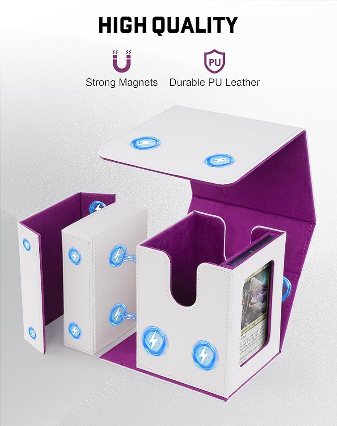 ZLCA MTG Commander Deck Box with Display Window, Card Deck Box Holds 100 Double-Sleeved Cards with Dice Tray & 35pt Magnetic Card Holder(White& Purple)