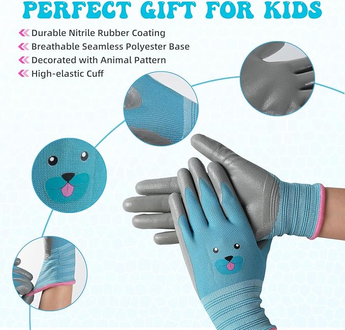 ANDANDA Kids Gardening Gloves, Nitrile Coated Children Yard Work Gloves with Grip, Suitable for Toddlers, Children, Girl, Boy