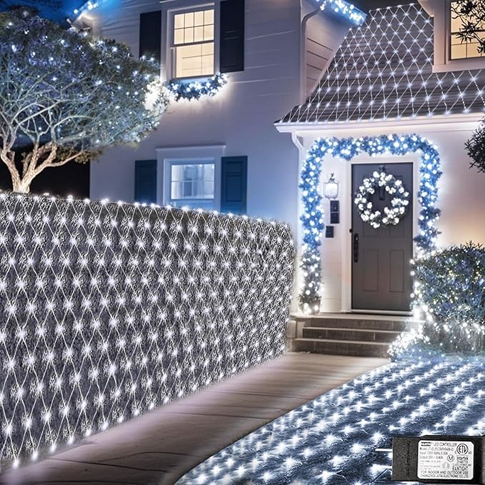 Christmas Net Lights, 610 LED Large Outdoor Net Mesh Lights 34.5X 5ft, 8 Modes Waterproof Twinkle String Lights Connectable for Bushes Halloween Yard Decor, Cool White