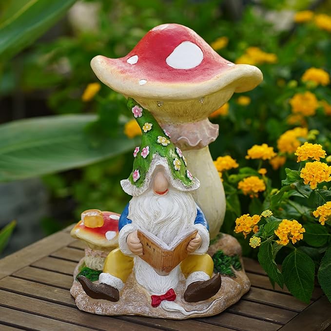 Solar Garden Outdoor Statues Gnome Reading Under Mushroom with 5 LED Solar Figurine for Lawn,Patio,Balcony,Yard Decor Unique Housewarming Gift for Grandfather, Father,Grandma,Wen