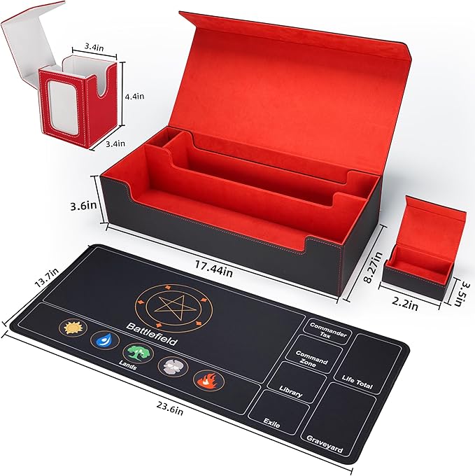 AFIING MTG Deck Box 6 In1 with MTG Playma,Premium Card Storage Box with 5 Pcs MTG Deck Box Holds 2400+ Trading Cards, Large TCG Card Deck Case for Magic Yugioh Sports Cards (Black&Red)
