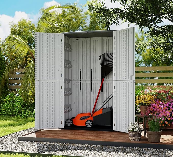 HOMSPARK Storage Shed Weather Resistance, Multi-Purpose Outdoor Storage Cabinet for Backyards and Patios, Horizontal Storage Shed for Lawnmower, Patio Accessories (White, Tall - 53 cu.ft)