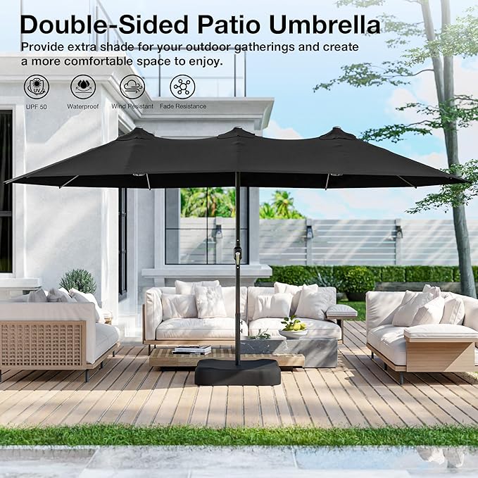 Joyside 15FT Large Patio Umbrella with Base Included, Outdoor Double Sided Umbrella, Rectangle Umbrella with Crank Handle, 12 Sturdy Ribs for Deck, Porch and Pool